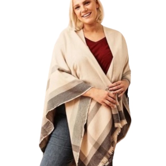 Siizu Accessories - Siizu Alltrue Cozy Poncho Wrap Cream Blue Gray Stripe